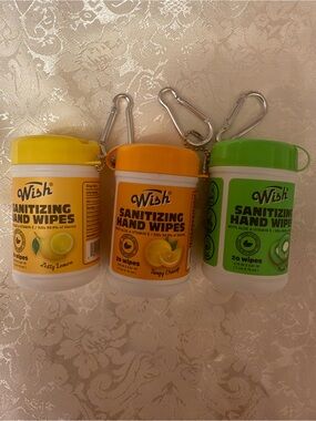 Wish sanitizing hand wipes containers, in scents like Zesty Lemon, tangerine